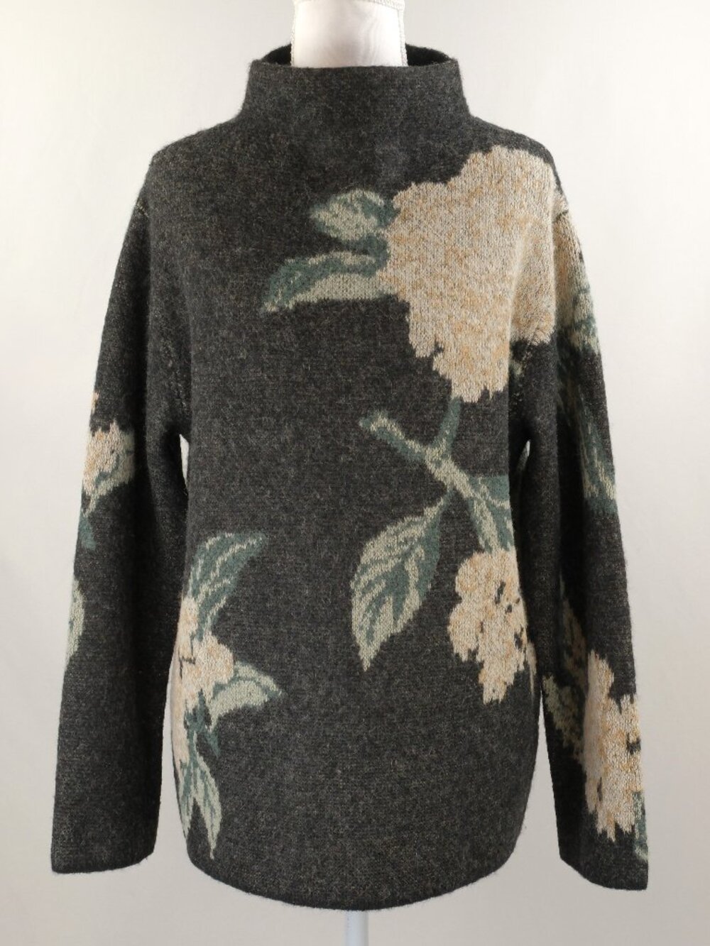 Vince Brushed Floral Alpaca Jacquard Funnel-Neck Sweater, Grey/Cream, Small